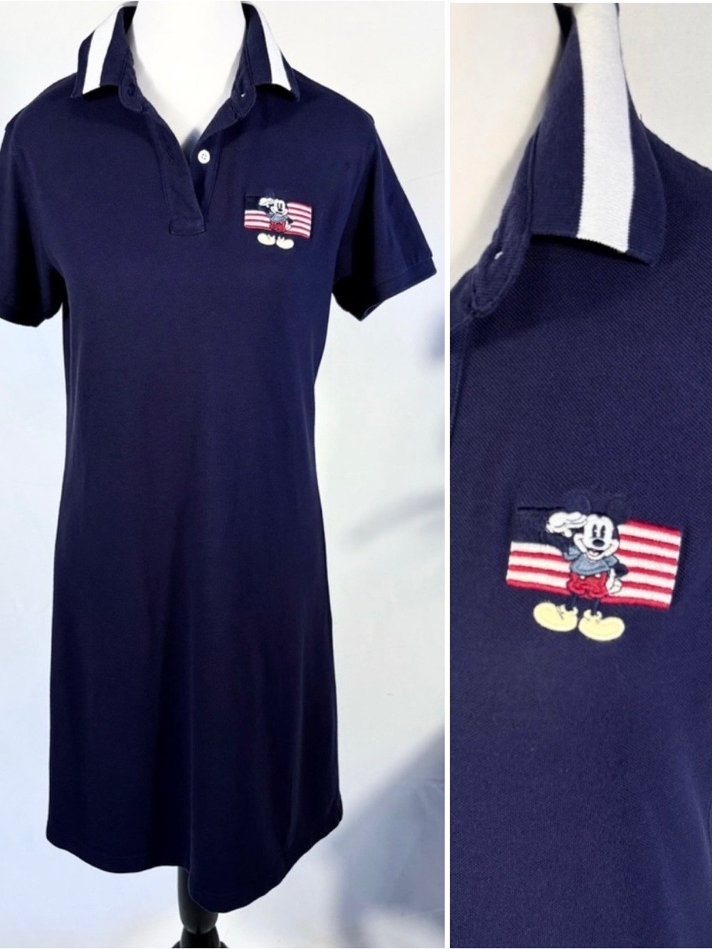 Vintage Y2K Disney Store Mickey Salutes The Flag Embroidered Polo Dress Sz M 💛
